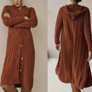 Anthropologie Long Cardigan Cable Knit Hooded Sweater Duster in Rust Brown, s